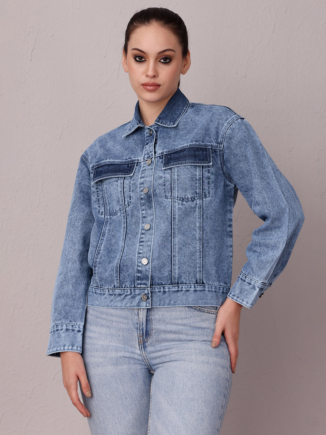 Women's Light Blue Collared Full Sleeve Solid Classic Regular Length Denim Jacket