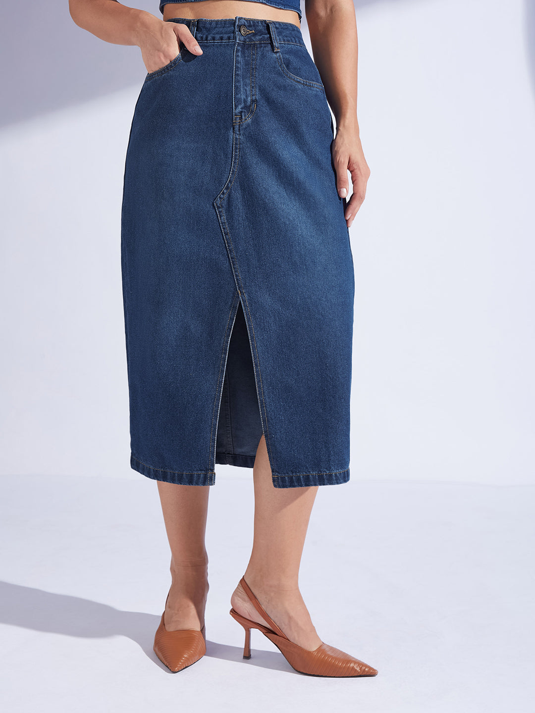 Women's Dark-Blue A-Line High-Rise Non-stretchable Denim Midi Skirt
