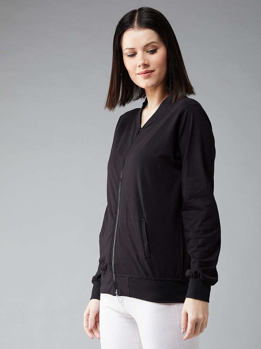 Women's Black Round Neck Full Sleeve Cotton Solid Bomber Jacket