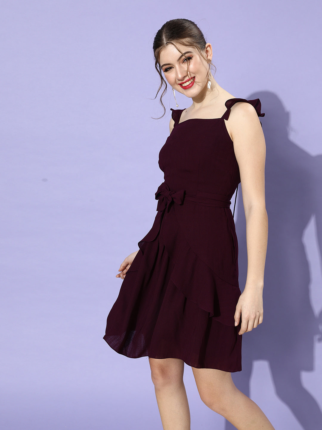 Women's Purple Square Sleeveless Solid Ruffled Knee Length Dress