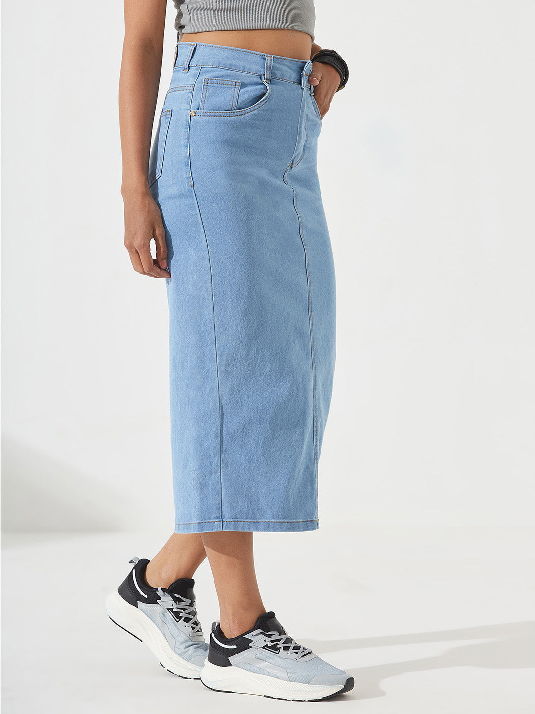 Light-Blue Straight-Fit High-Rise Midi Stretchable Denim Skirt for Women