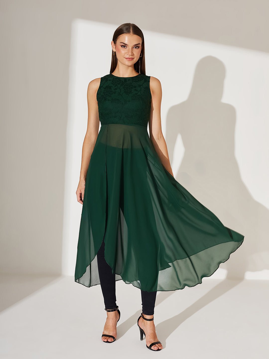 Forest Green Round Neck Sleeveless Solid Lace Overlaid Maxi Top for Women