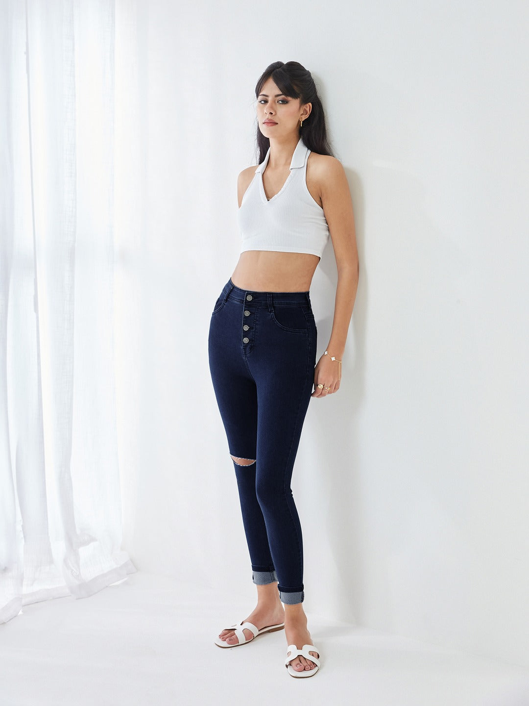 Navy Blue Skinny High Rise Knee Slit Denim Jeans for Women