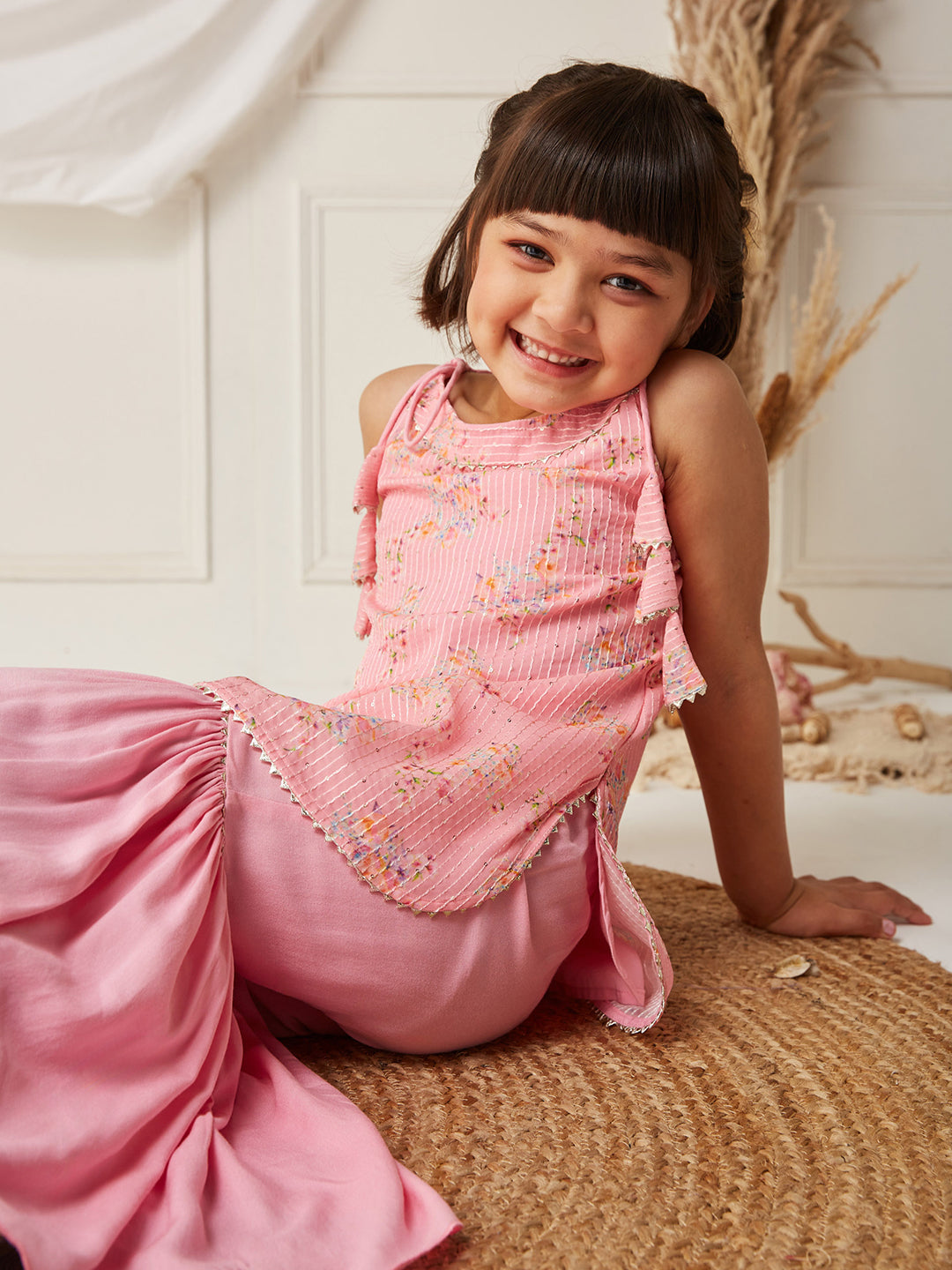 Multicolored-Base-Bubblegum Pink Round Sleeveless Embellished Kurta Set