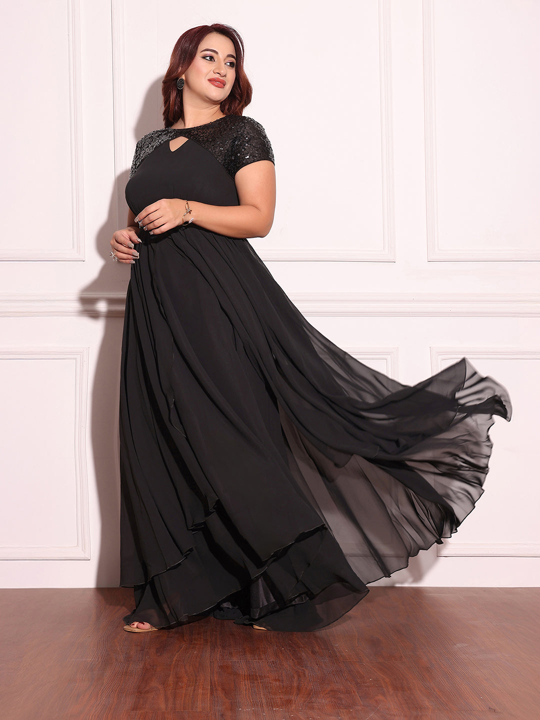 Women's Black Keyhole-Neck Short-Sleeved Embellished Layered Georgette Maxi Dress