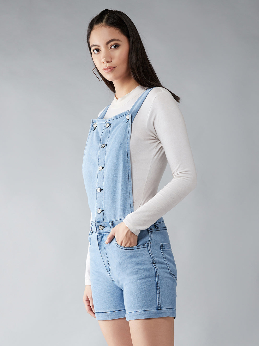 Women's Light Blue Regular Fit Mid Rise Mini Solid Denim Dungaree