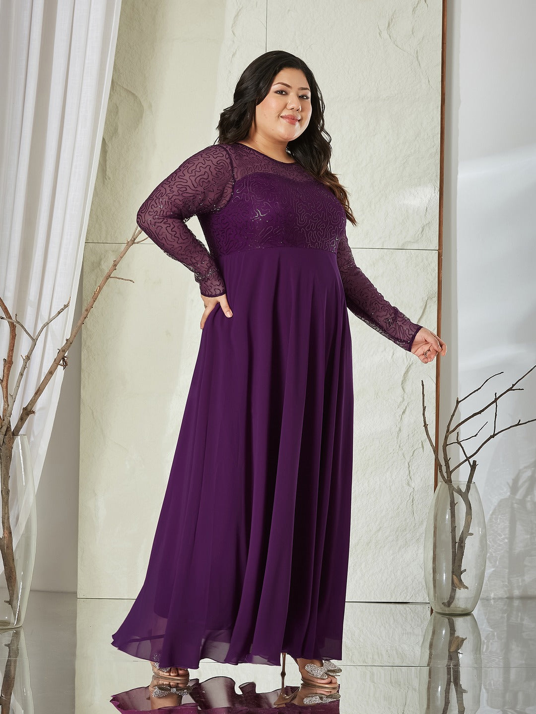 Dark Purple Solid Embellished Maxi Dress for Women