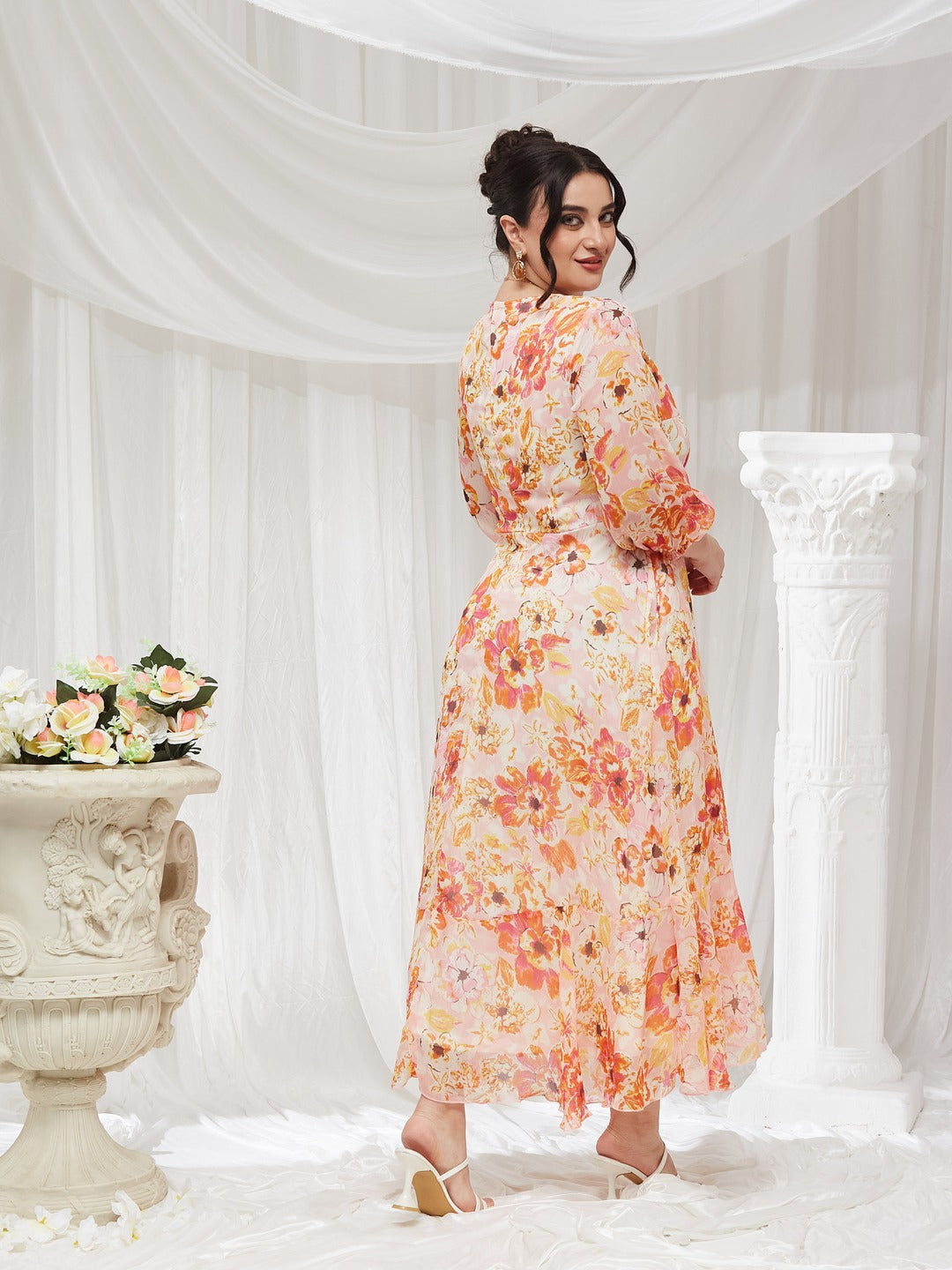 Pink & Orange V-Neck Bishop Floral Layered Chiffon Maxi Dress for Women — Miss Chase A+