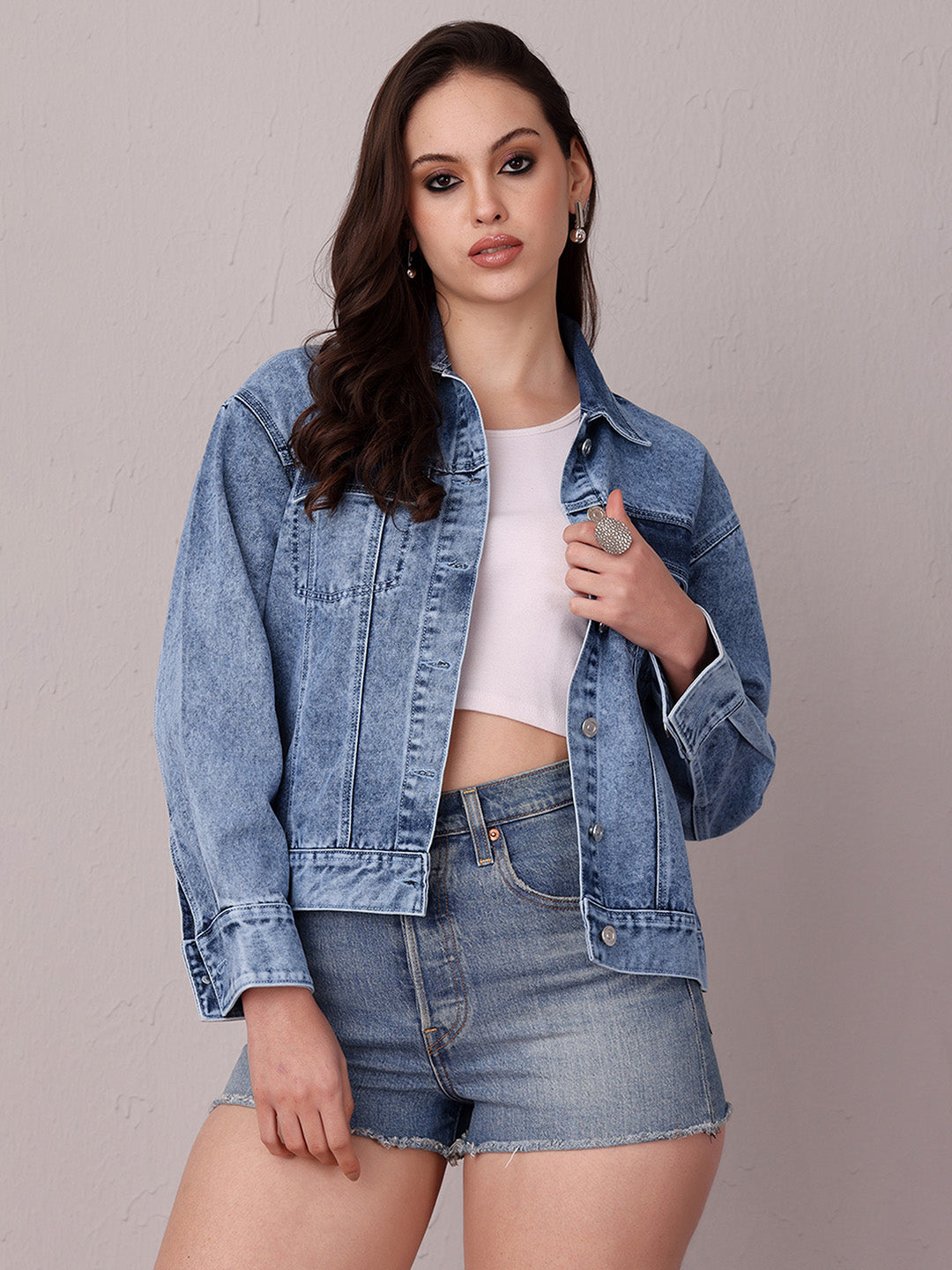 Women's Light Blue Collared Full Sleeve Solid Classic Regular Length Denim Jacket