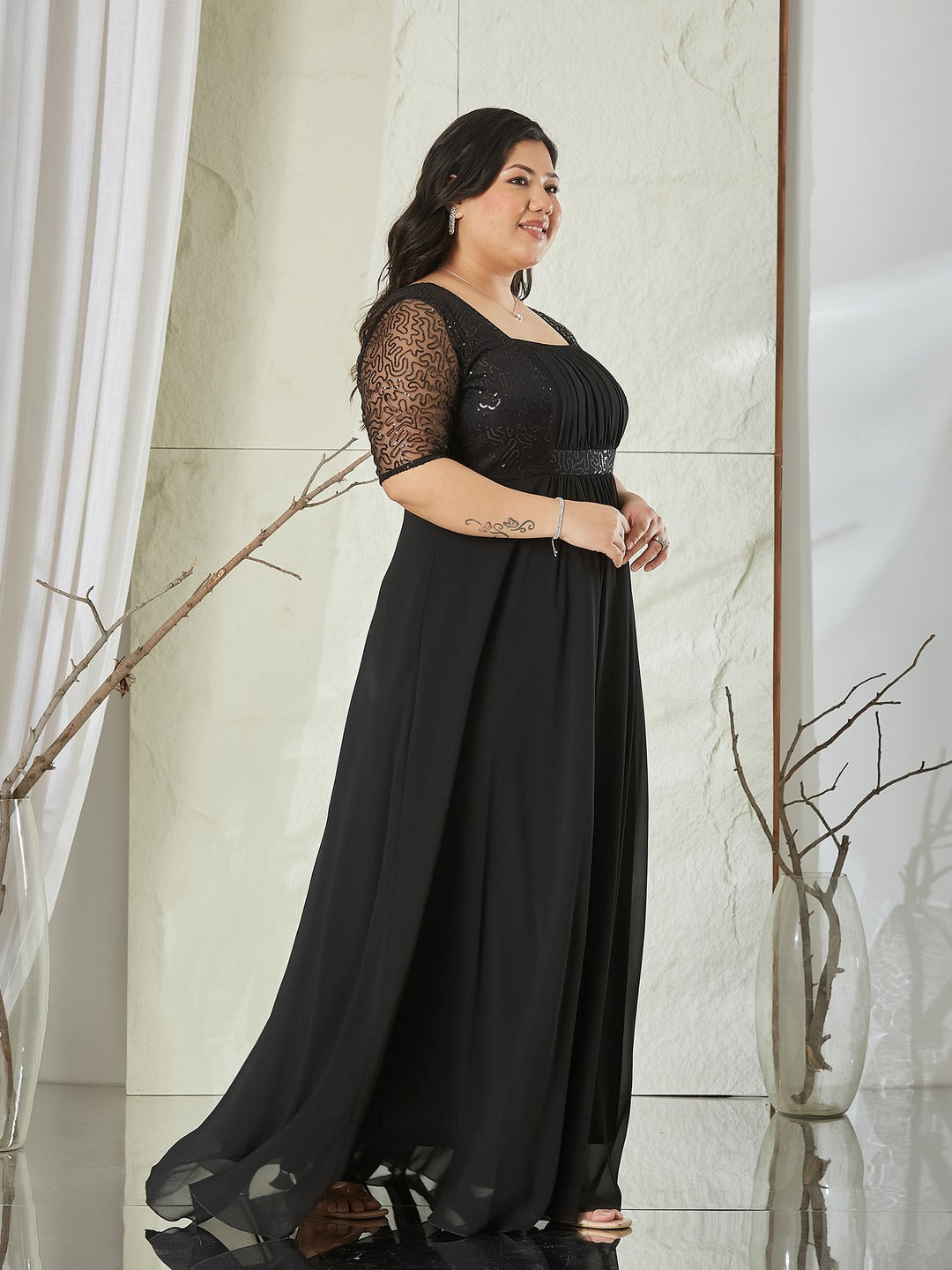 Black Square Neck Half Sleeve Solid Embellished Maxi Dress for Women