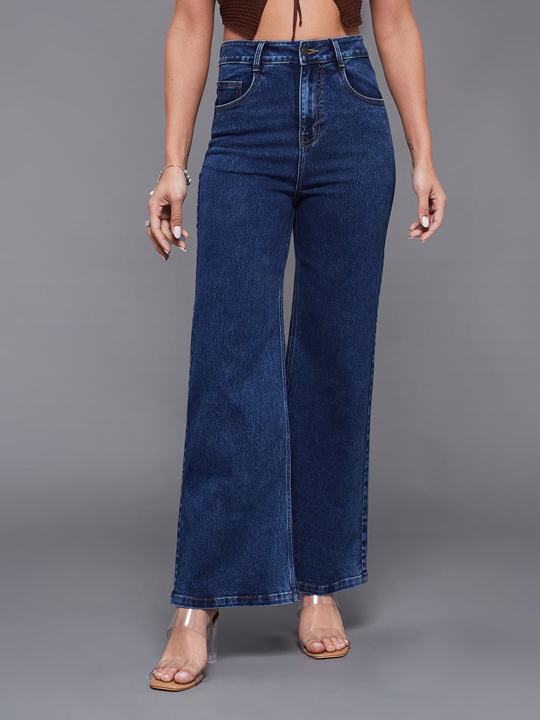 24/7 Comfort Women's Mid Blue Wide Leg High Rise Stretchable Denim Jeans