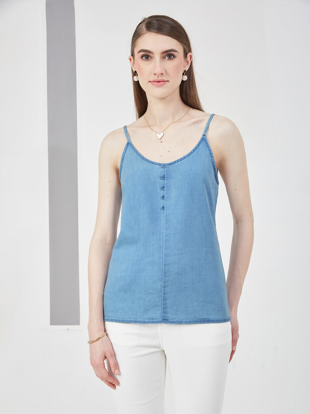 Light Blue V Neck Sleeveless Cotton Solid Denim Spaghetti Top for Women