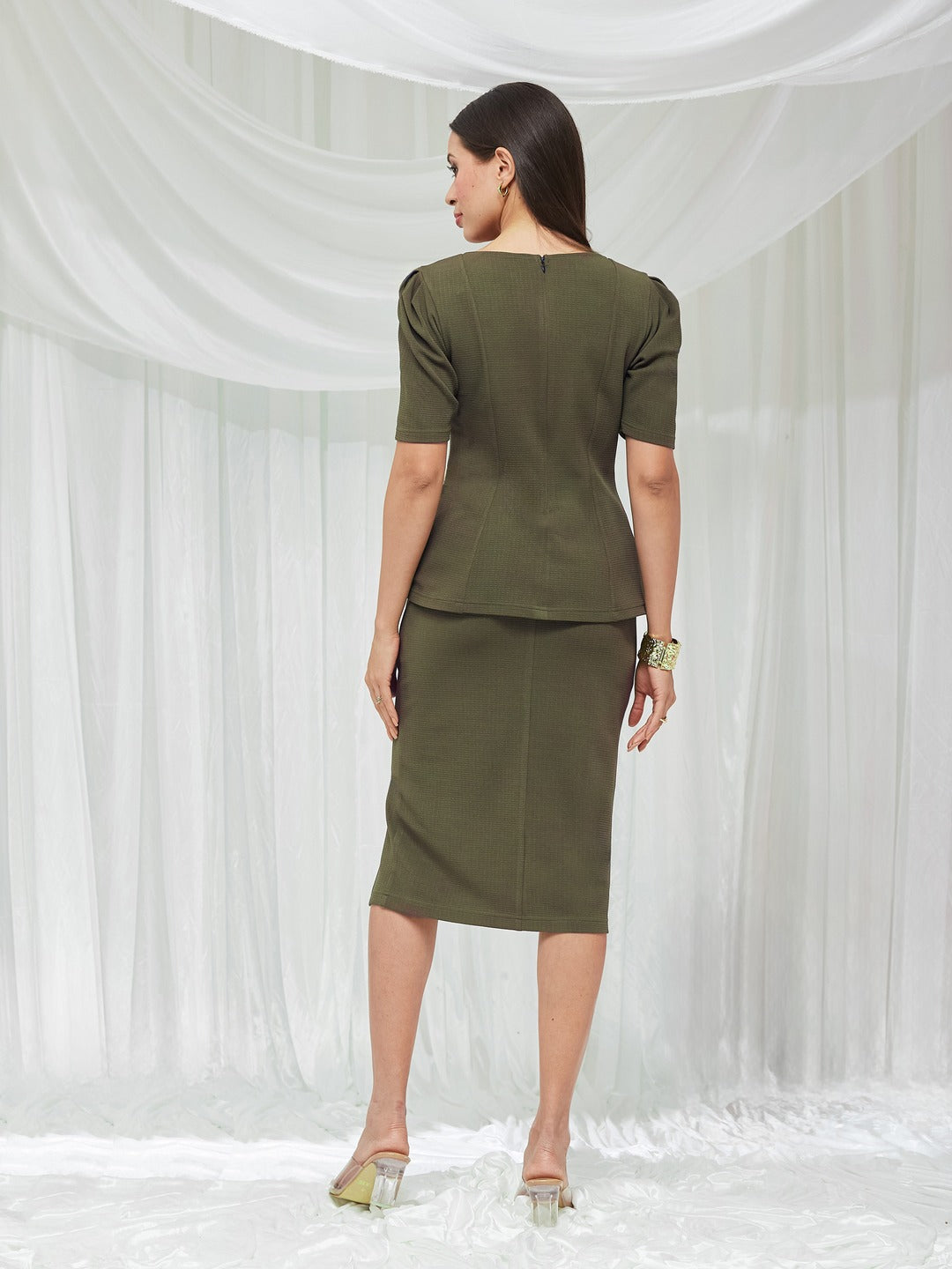 Olive Co-ord Set - Half-Sleeved WorkWear Top with Skirt for Women
