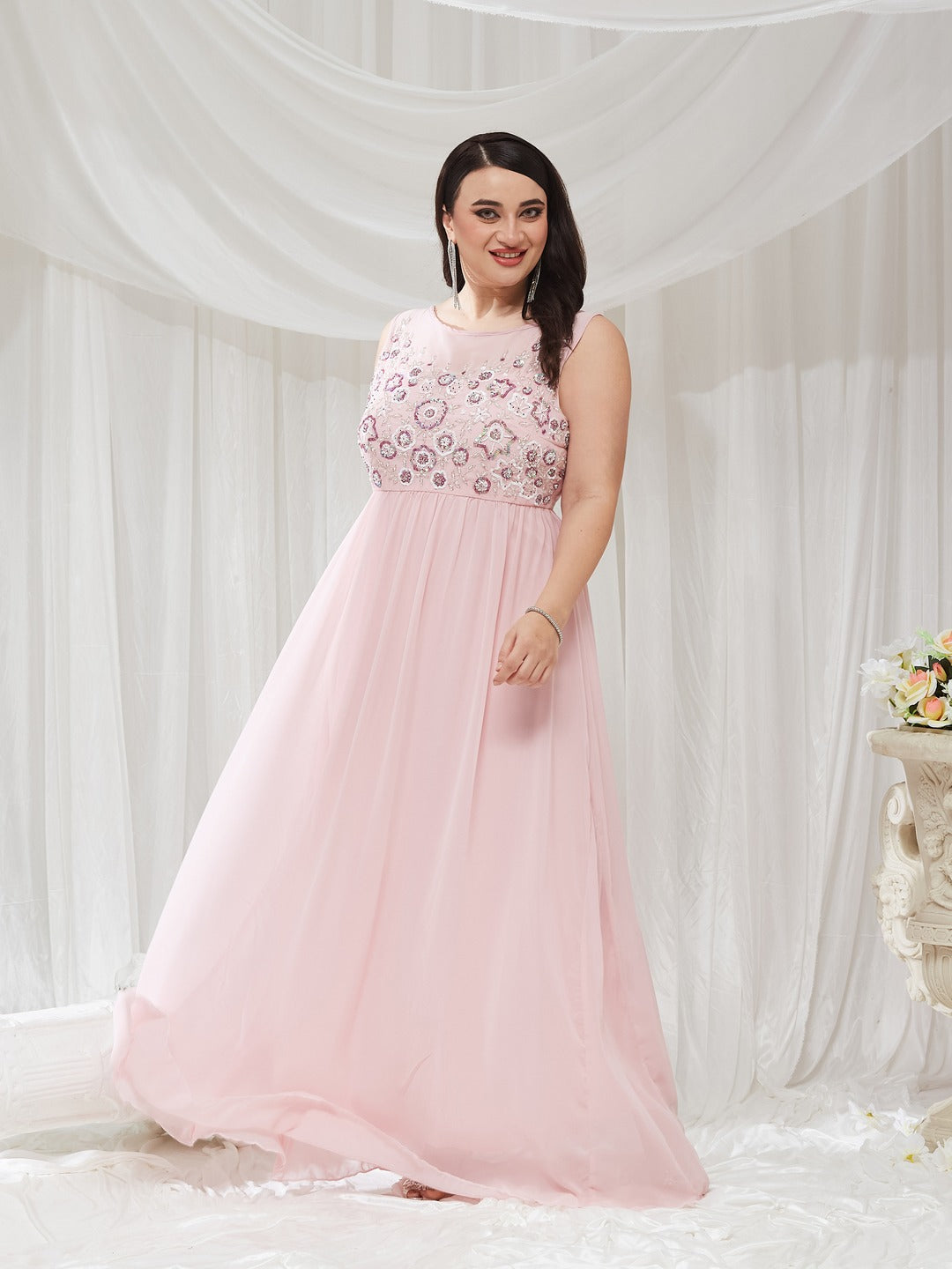 Dusty Pink Boat Neck Sleeveless Embellished Gathered Regular Dress for Women — Miss Chase A+