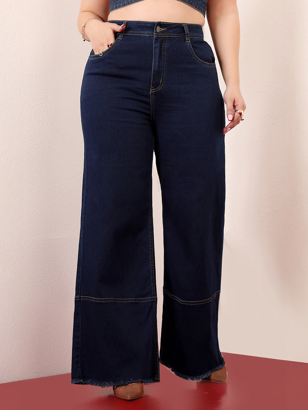Women's Navy Blue Wide-Leg High-Rise Clean-Look Stretchable Denim Jeans
