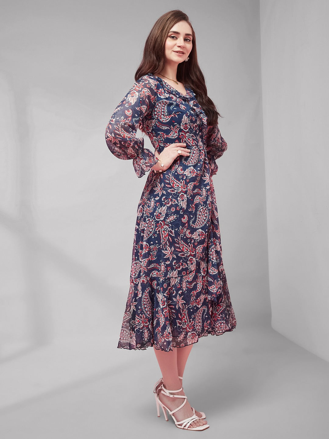 Navy Blue V Neck Full Sleeves Polyester Relaxed Fit Midi Length Dress for Women