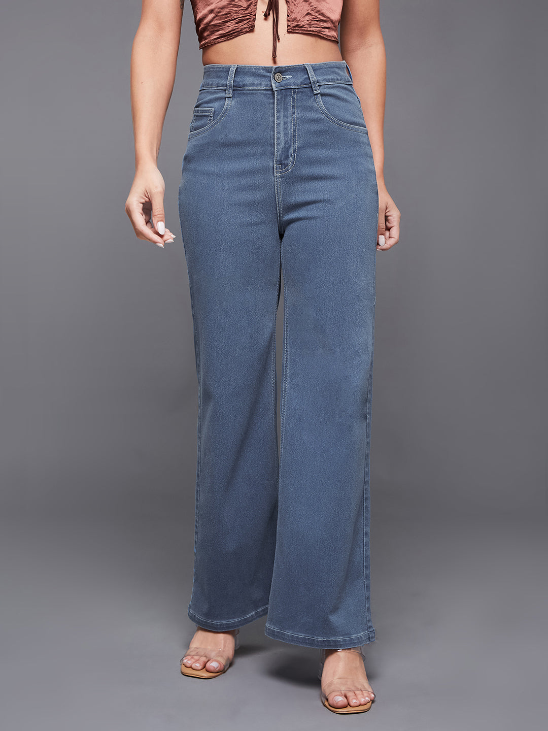 Blue Wide-Leg High-Rise Clean Look Stretchable Denim Jeans for Women
