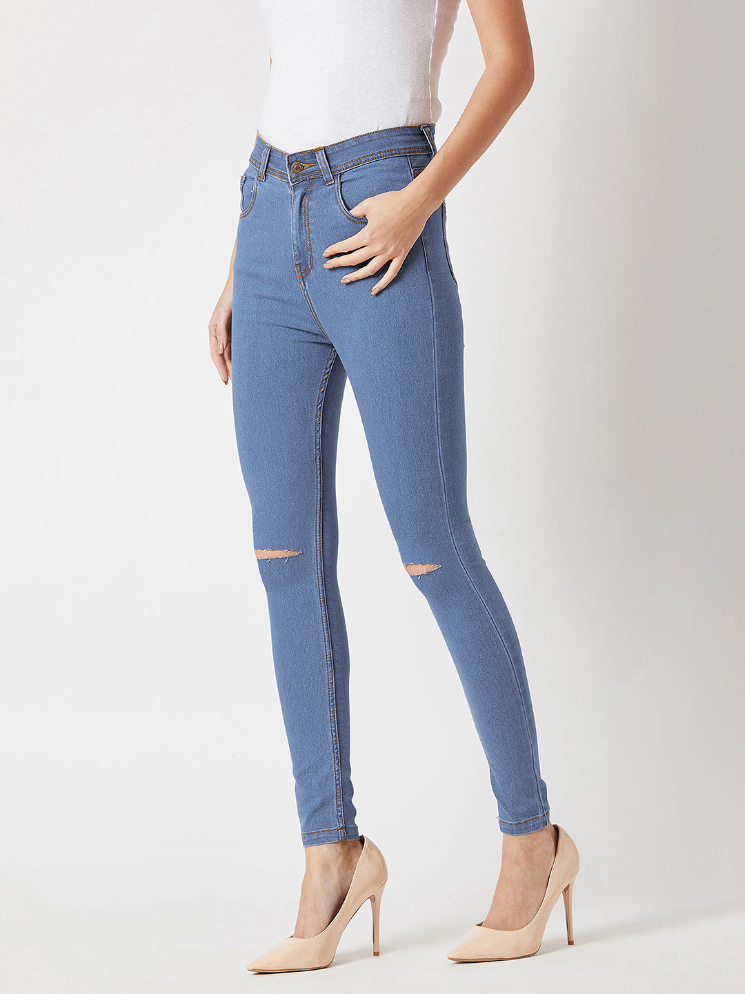 Women's Blue Skinny Fit High Rise Mildly Distressed Regular Stretchable Denim Jeans