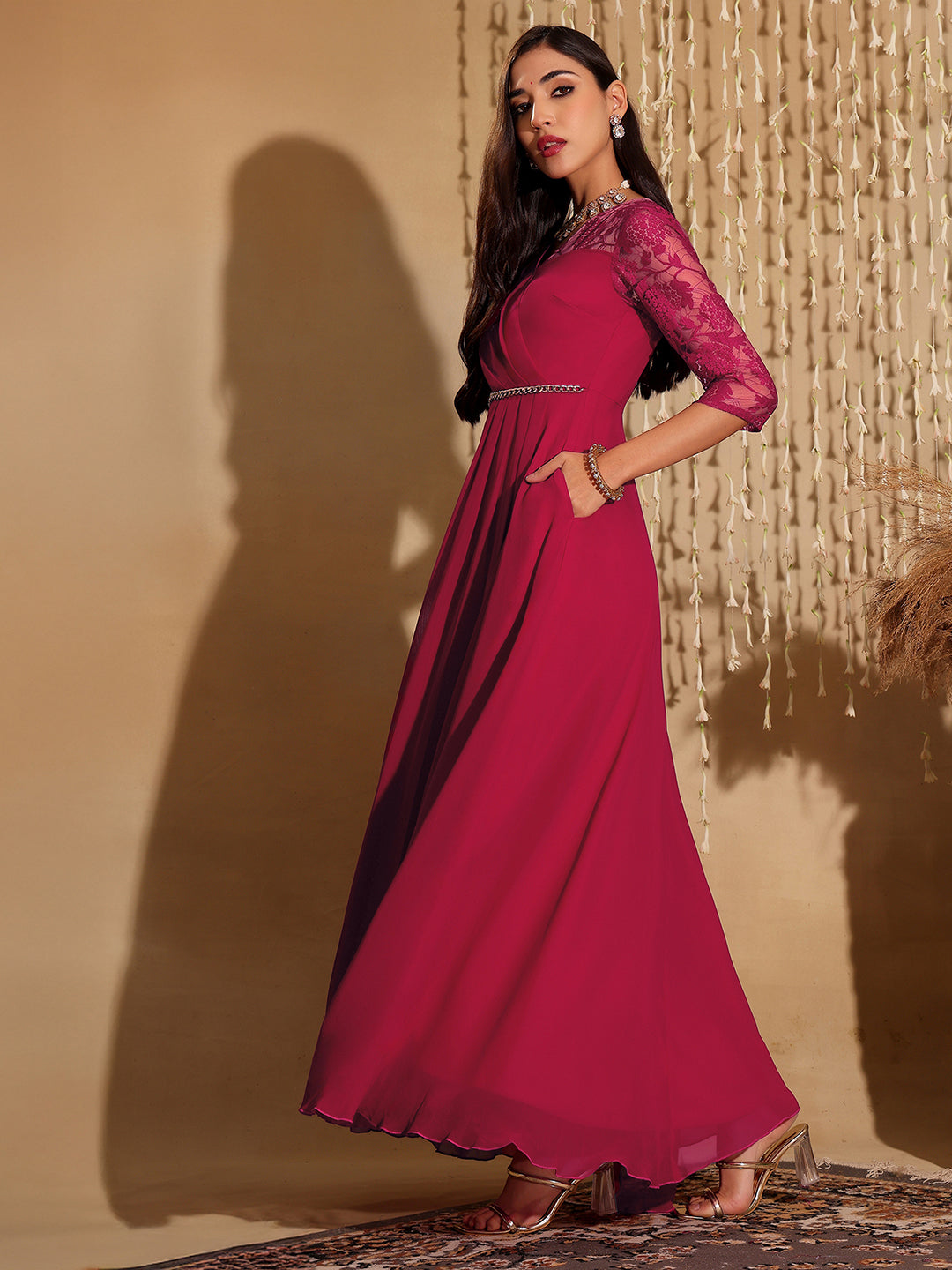 Women's Dark Pink V-Neck Asymmetric Self-Designed Georgette Maxi Dress