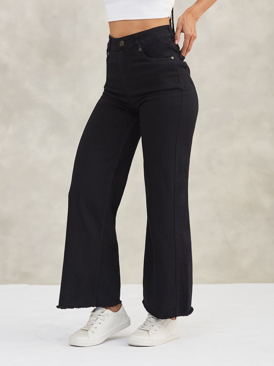 Women's Black High-Rise Stretchable Wide-Leg Denim Jeans