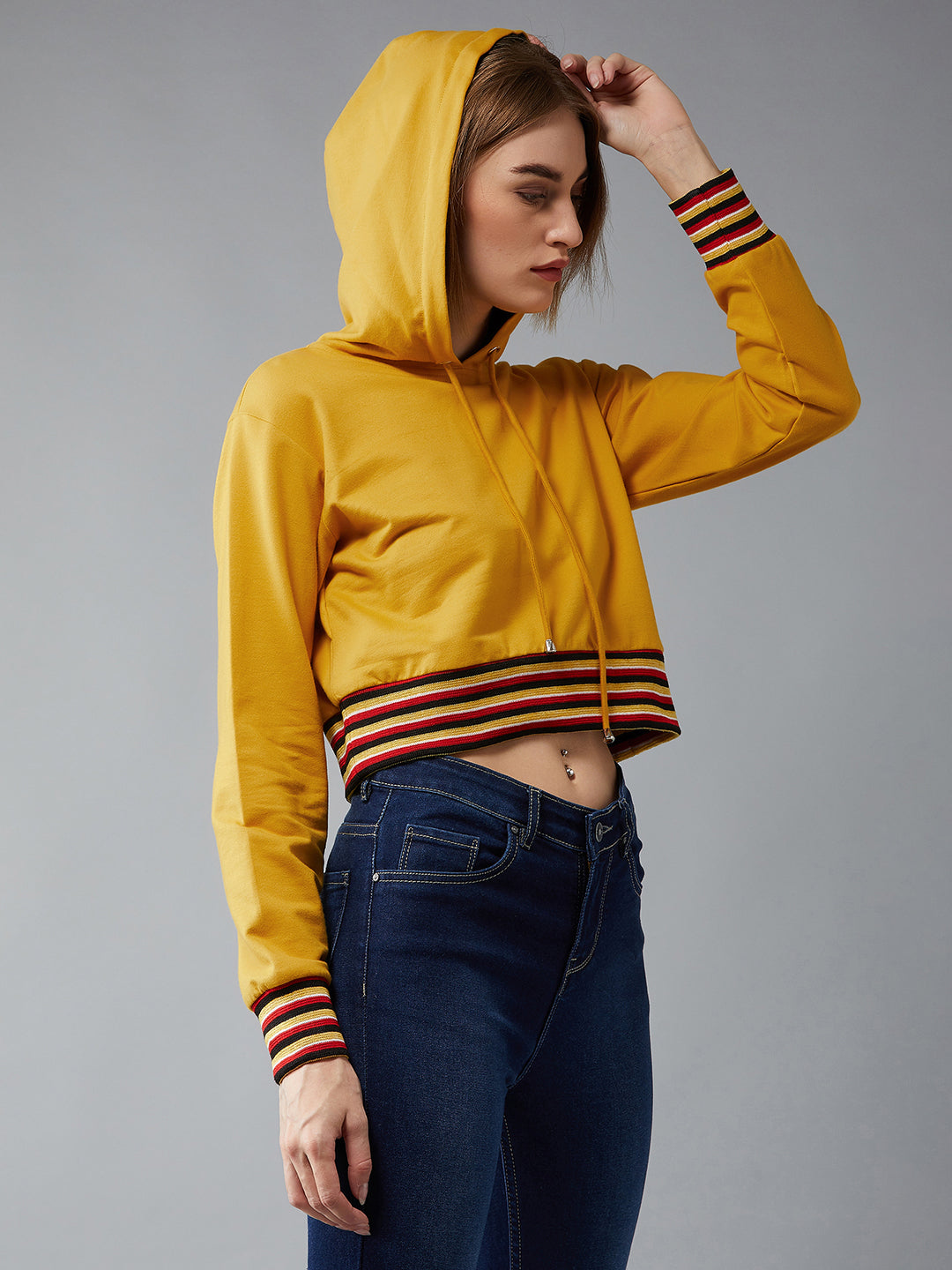 Women's Mustard Yellow Hooded Full Sleeves Loopknit, Rib Solid Boxy Cropped Eyelet Detailing Sweatshirt