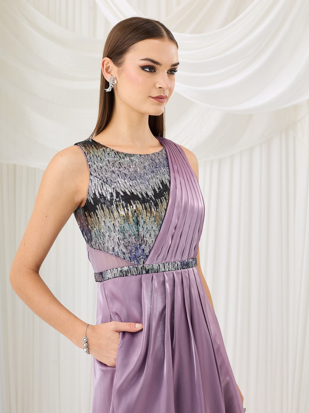 Embellished Dusty Purple Gown in Premium Layered Satin for Women