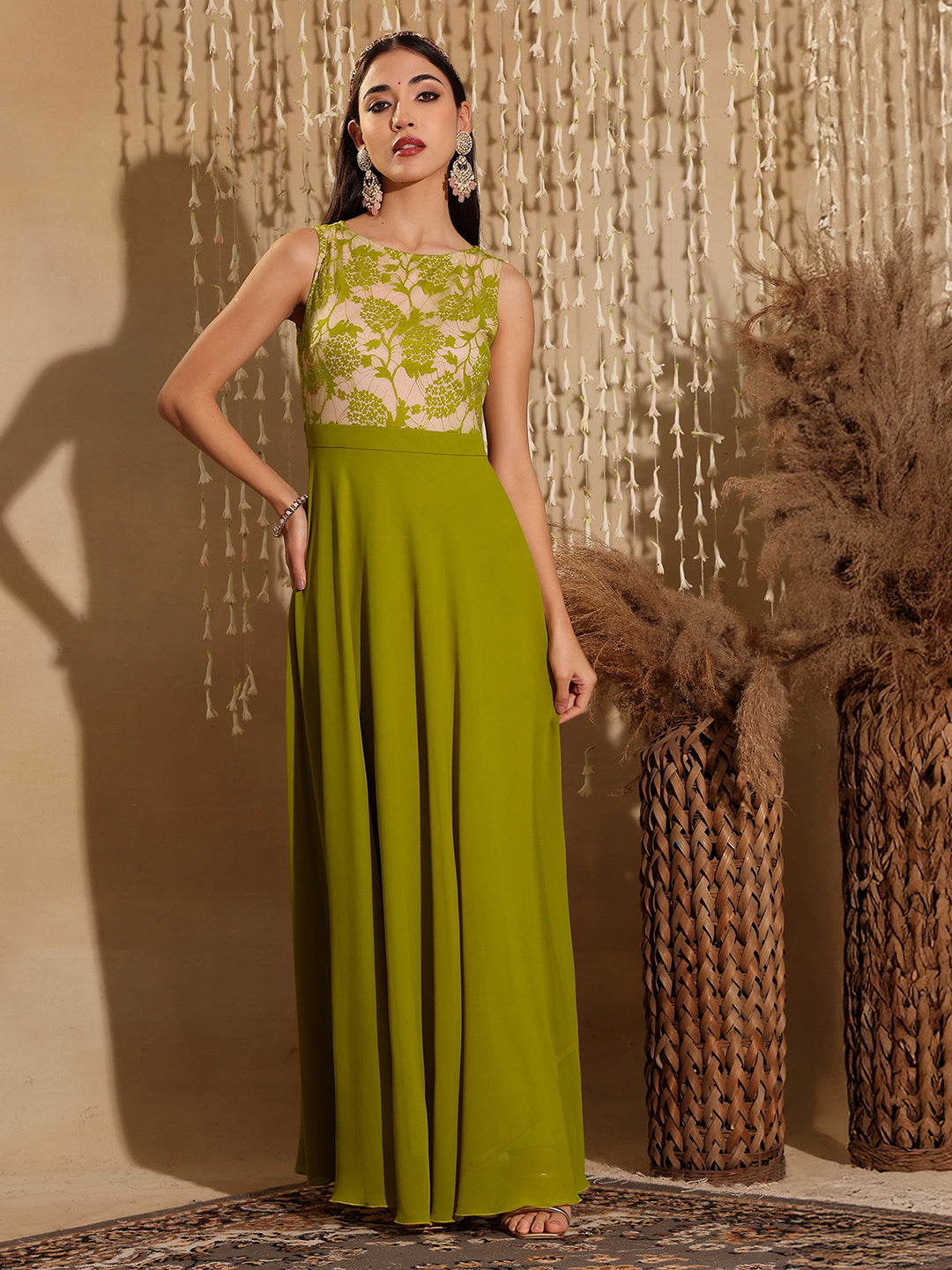 Women's Lemon Green Round Neck Sleeveless Georgette Floral Lace Fit & Flare Maxi Dress
