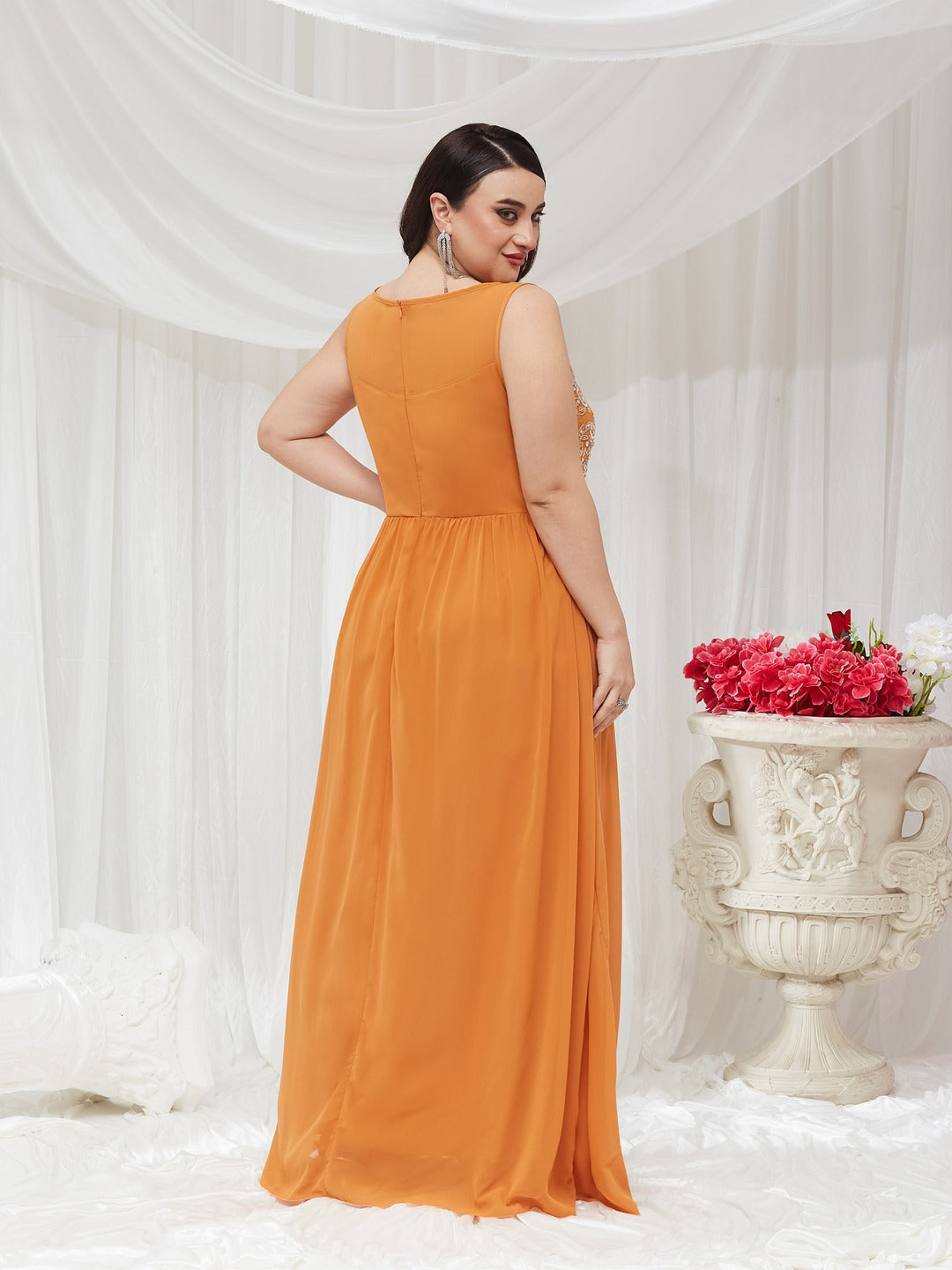 Dusty Orange Boat Neck Sleeveless Embroidered Georgette Gathered Maxi Dress for Women — Miss Chase A+