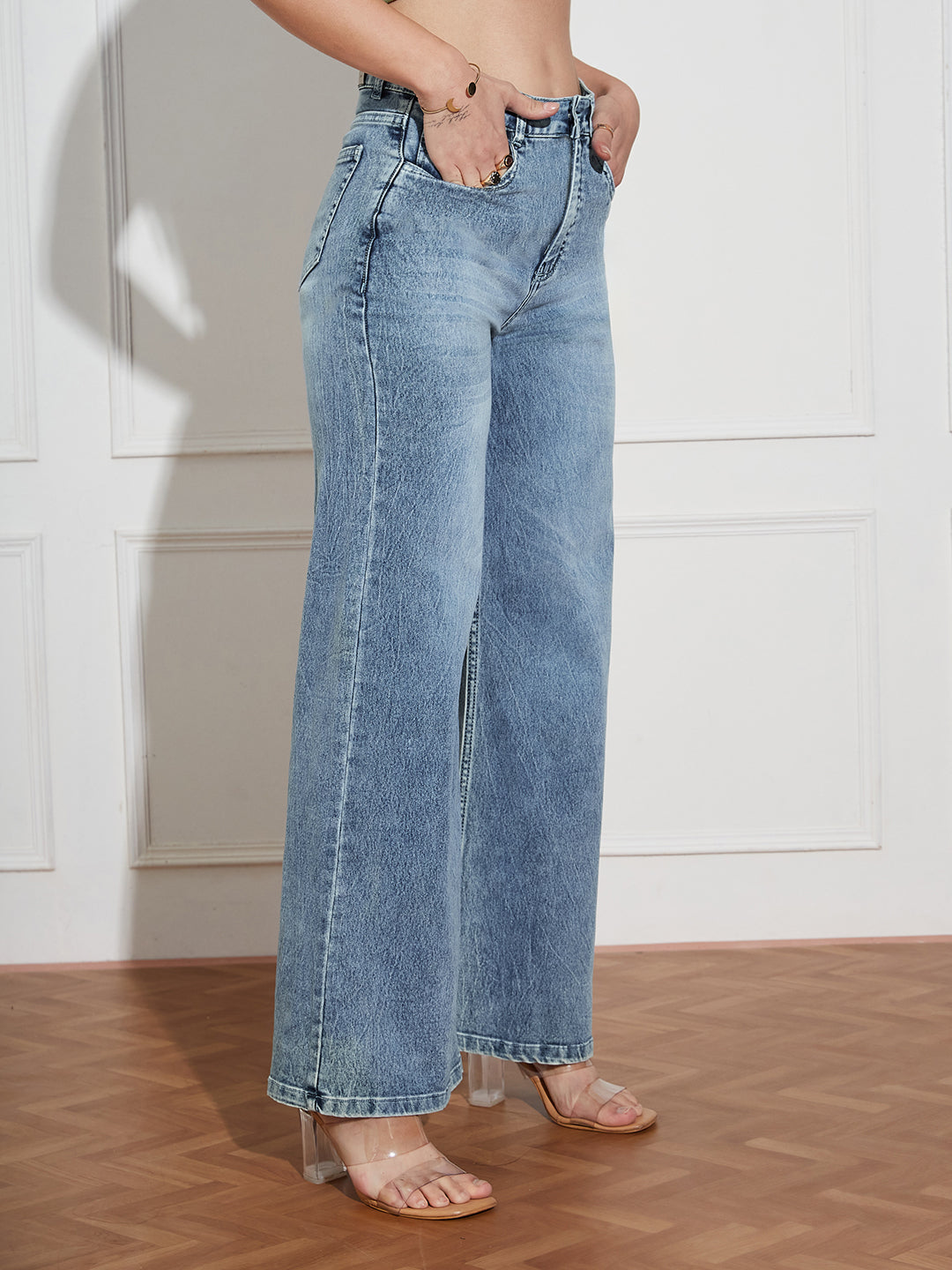 Women's Light Blue High Rise Clean Look Regular-Length Stretchable Denim Wide Leg Shaping Jeans