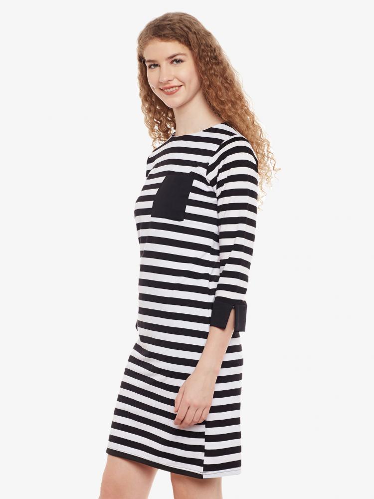 Black & White Round Neck 3/4 Sleeves Mini Dress for Women — Miss Chase