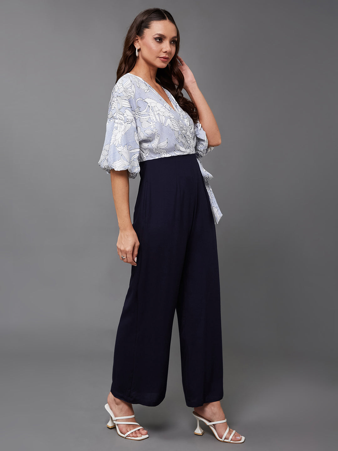 Women's Multicolored Base Navy Blue V-Neck 3/4 Sleeve Floral Wrap-Styled Jumpsuit