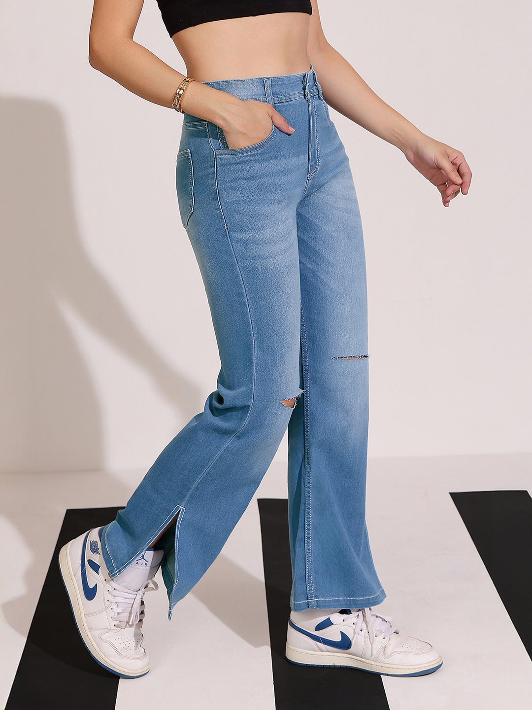 Women's Blue Wide-Leg Relaxed Mid Rise Regular Length Denim Stretchable Jeans
