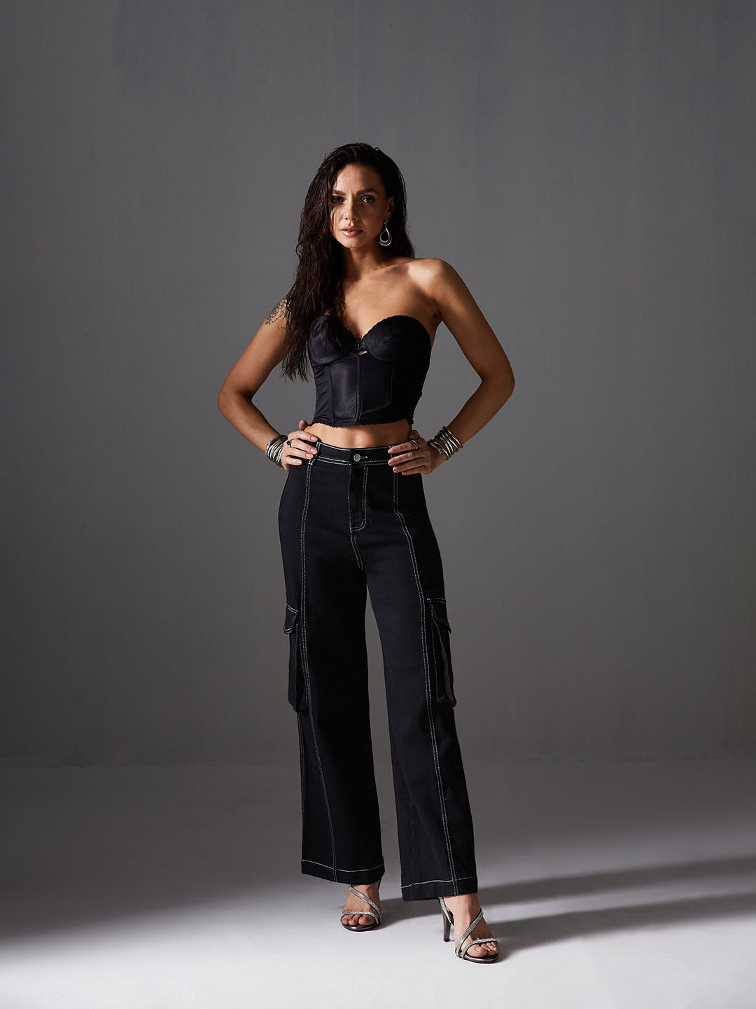 CHASEstretch™ Black Wide-Leg High-Rise Cargo Denim Jeans for Women — Miss Chase
