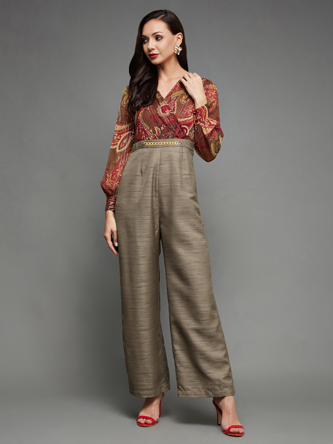 Women's Multicolored V-Neck Bishop Sleeve Bohemian Straight Leg Wrap Silk Jumpsuit