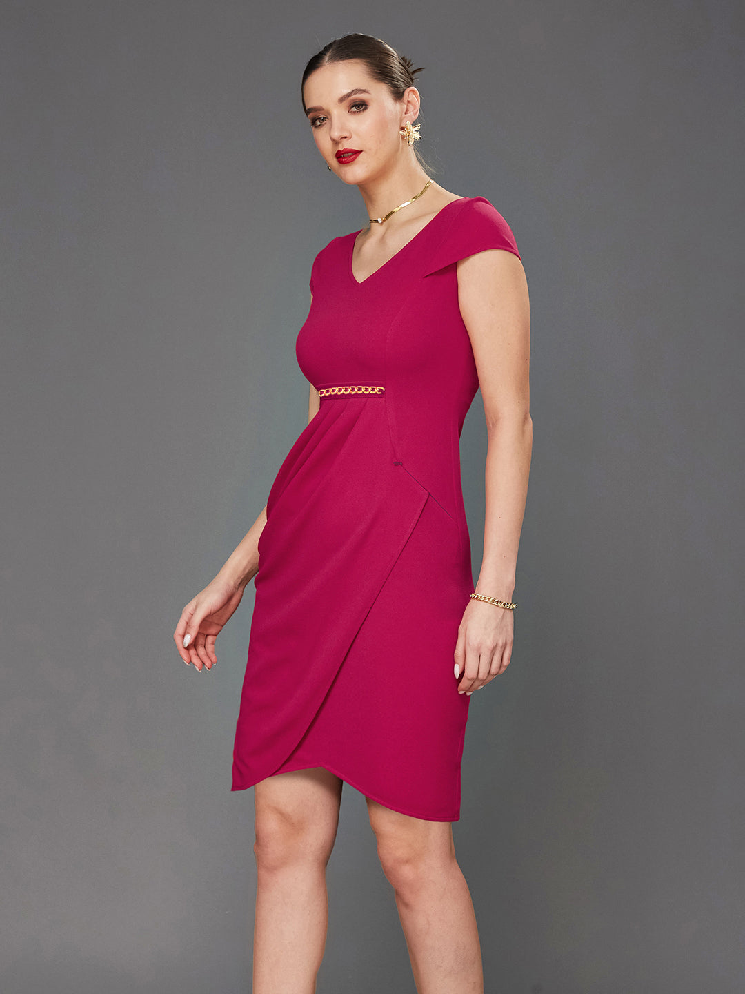 Crease Ease Women's Pink Solid V Neck Cap Sleeves Polyester Side Pocketed Knee Long Dress