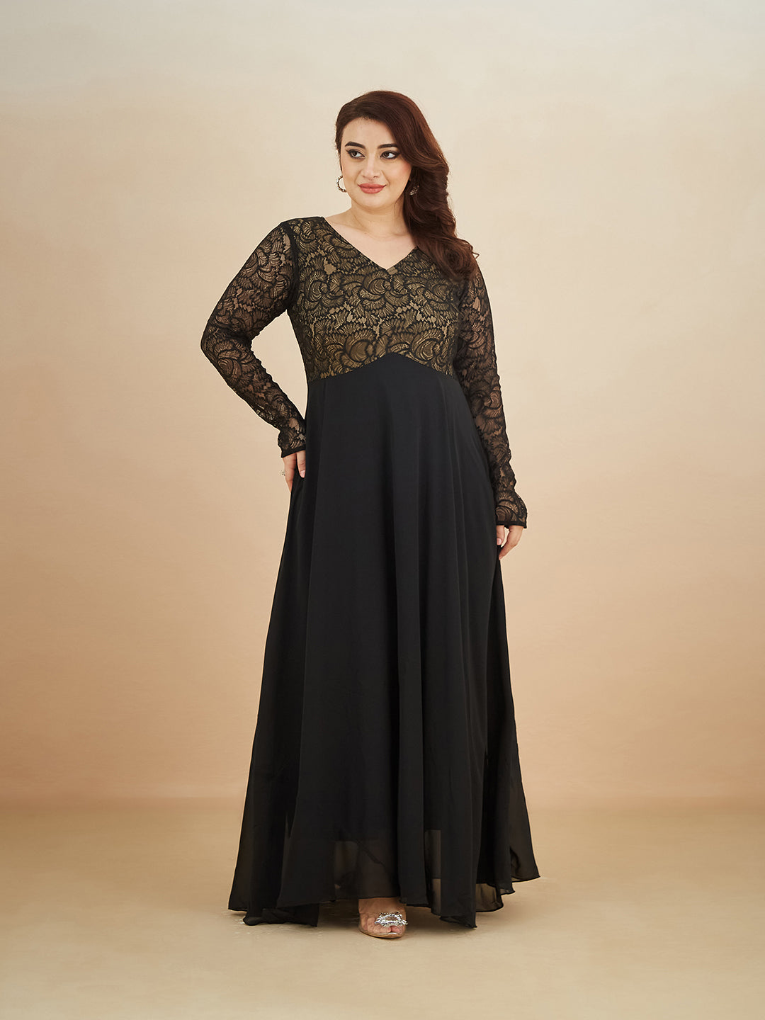 Black V-Neck Full Sleeve Self Design Lace-Overlaid Georgette Maxi Dress for Women — Miss Chase A+