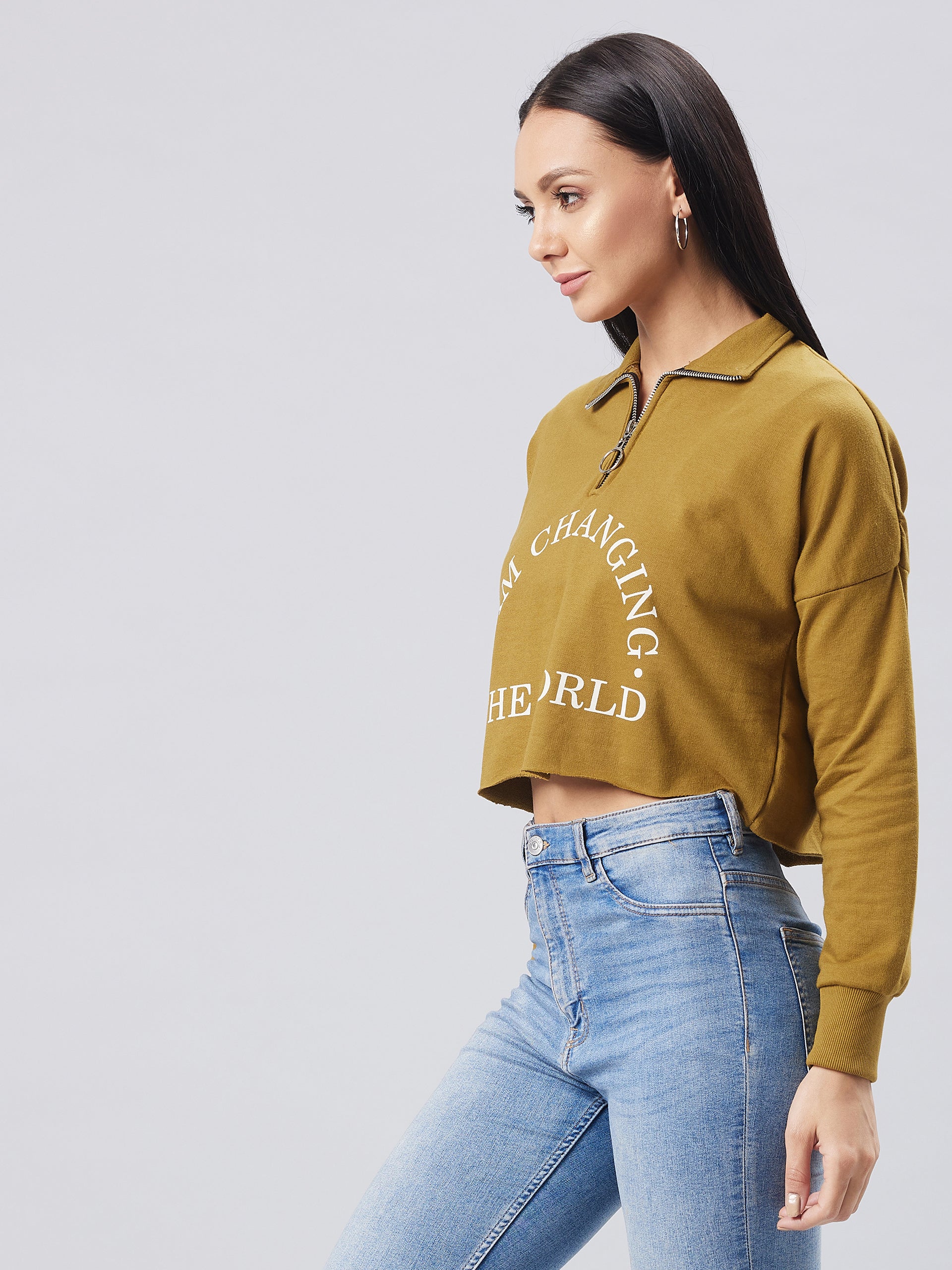 Women's Olive Collared Full Sleeve Solid Boxy/Printed Crop Sweatshirt