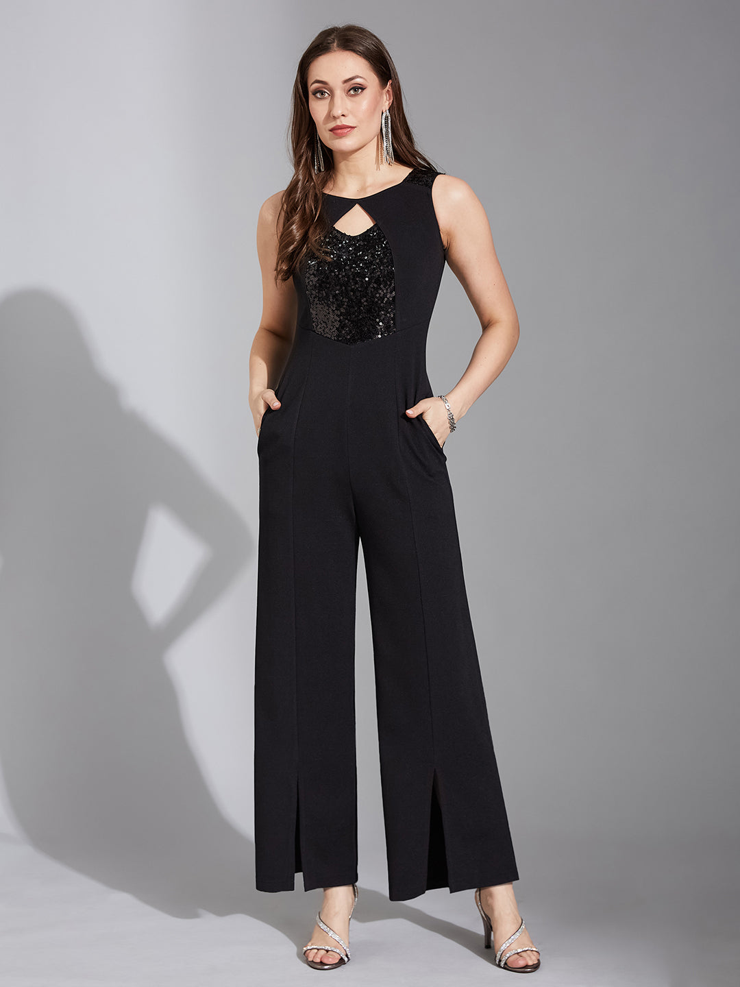 Crease Ease Women's Black Embellished Sweet-heart neck Sleeveless Side Pocketed Jumpsuit