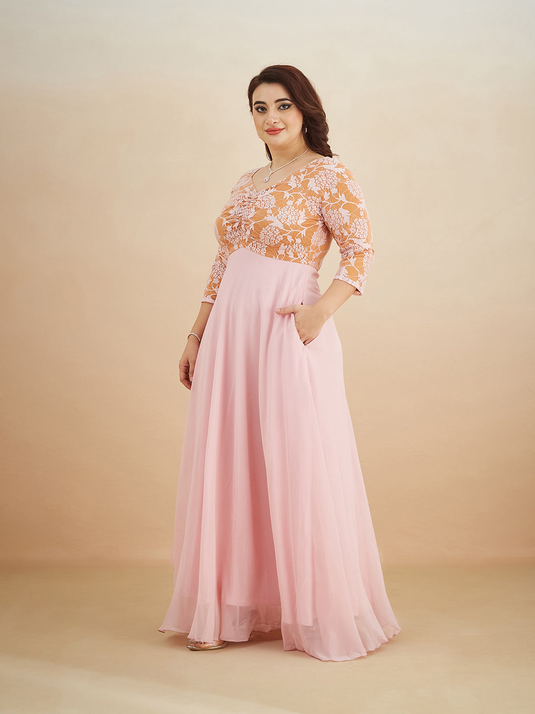 Dusty Pink V-Neck Raglan-Sleeve Self-Designed Empire-Styled Georgette Maxi Dress for Women — Miss Chase A+