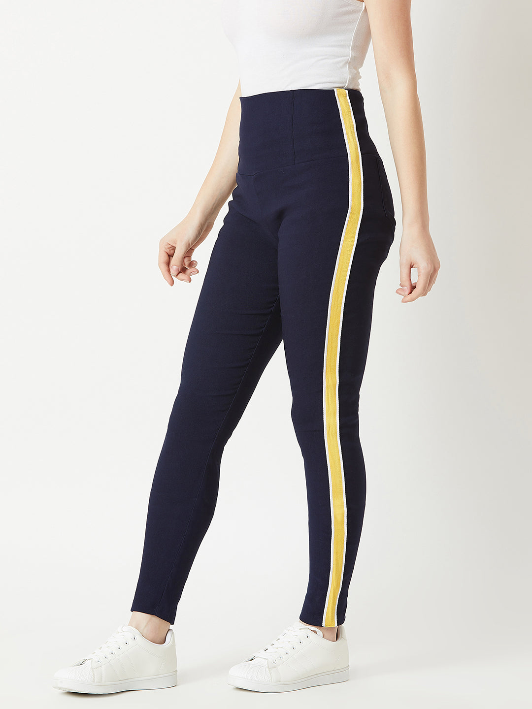 Women's Navy Blue Solid Regular Length High Waist Knitted Slim Fit Twill Tape Detailing Jeggings