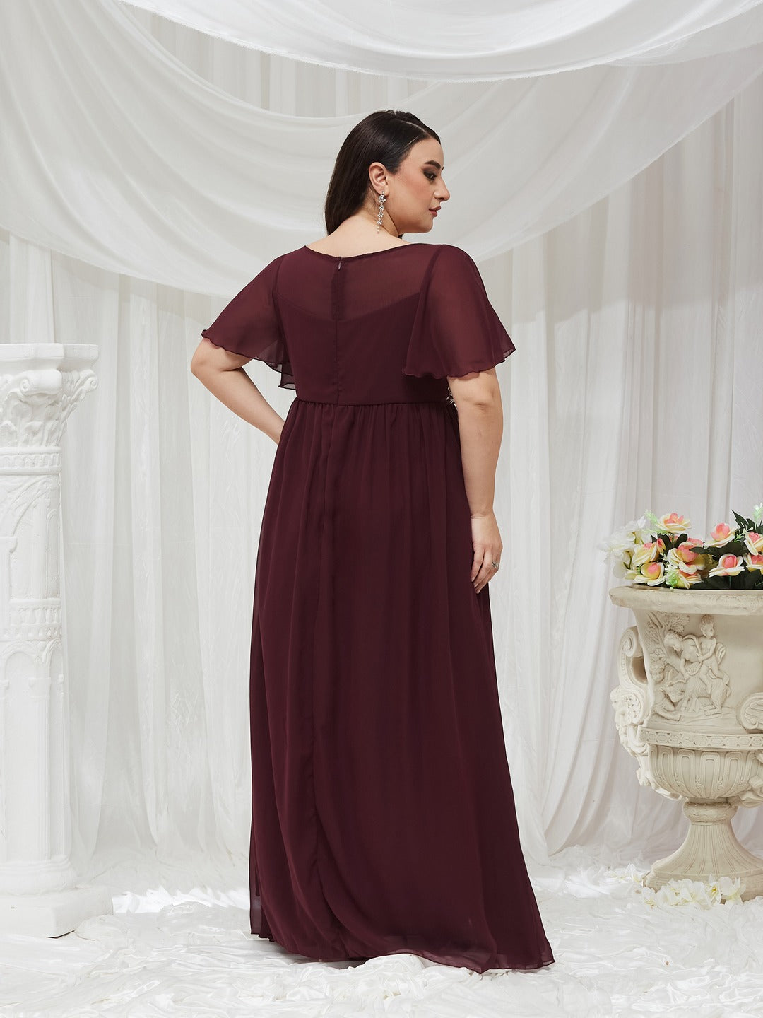 Wine Boat Neck Half Sleeve Solid Embellished Georgette Maxi Dress for Women — Miss Chase A+