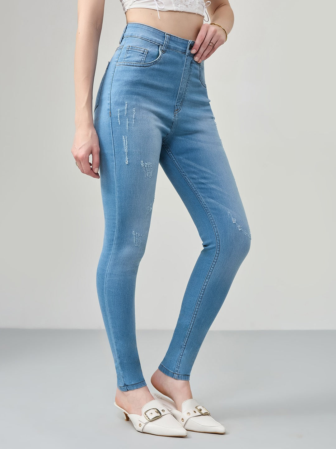Blue Skinny high-rise Mild Distress Regular Stretchable Denim Jeans for Women