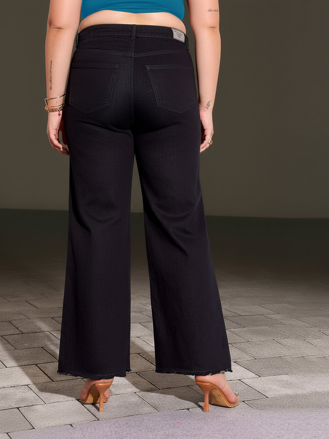 Black High Rise Stretchable Wide Leg Denim Jeans for Women