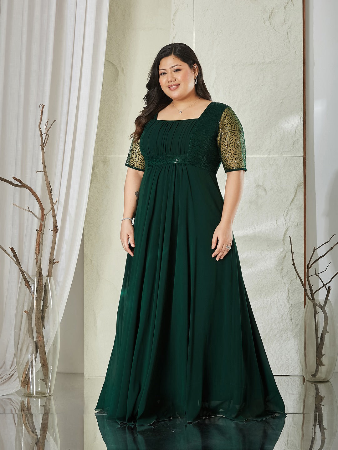 Dark Green Square Neck Half Sleeve Solid Embellished Maxi Dress for Women