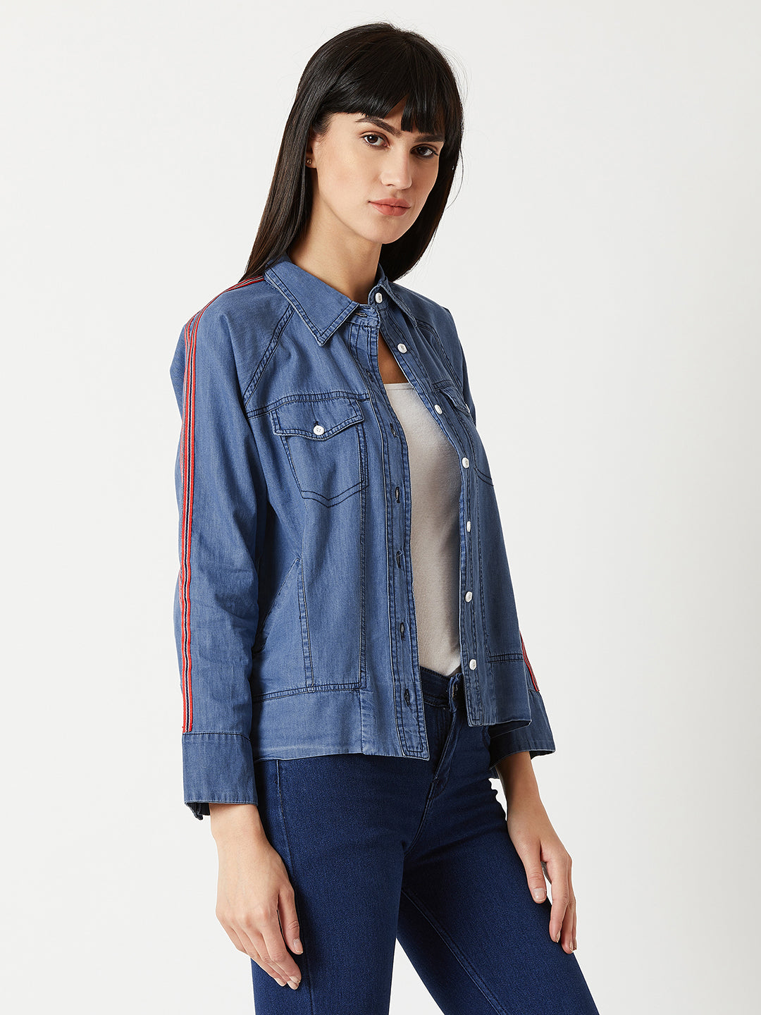 Women's Blue Polo Neck Full Sleeve Twill Tape Detailing Solid Buttoned Bomber Denim Jacket