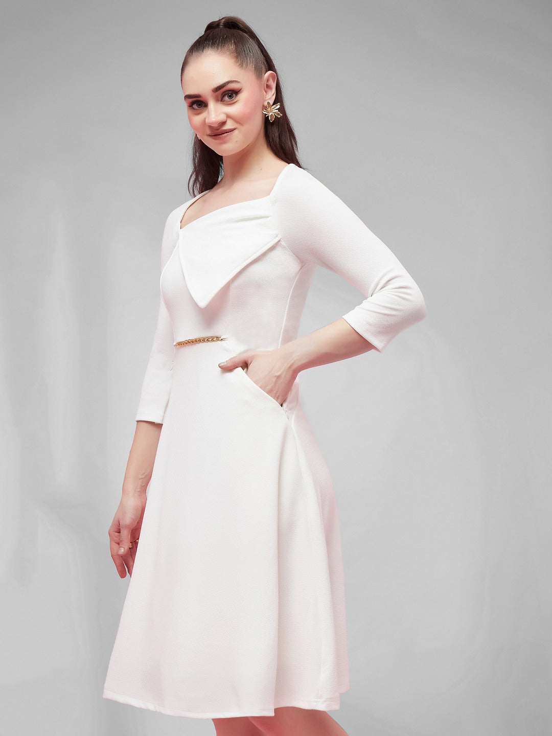Off White Solid Square Neck Raglan Sleeves Side Pocketed Polyester Fit and Flare Knee-Length Dress for Women