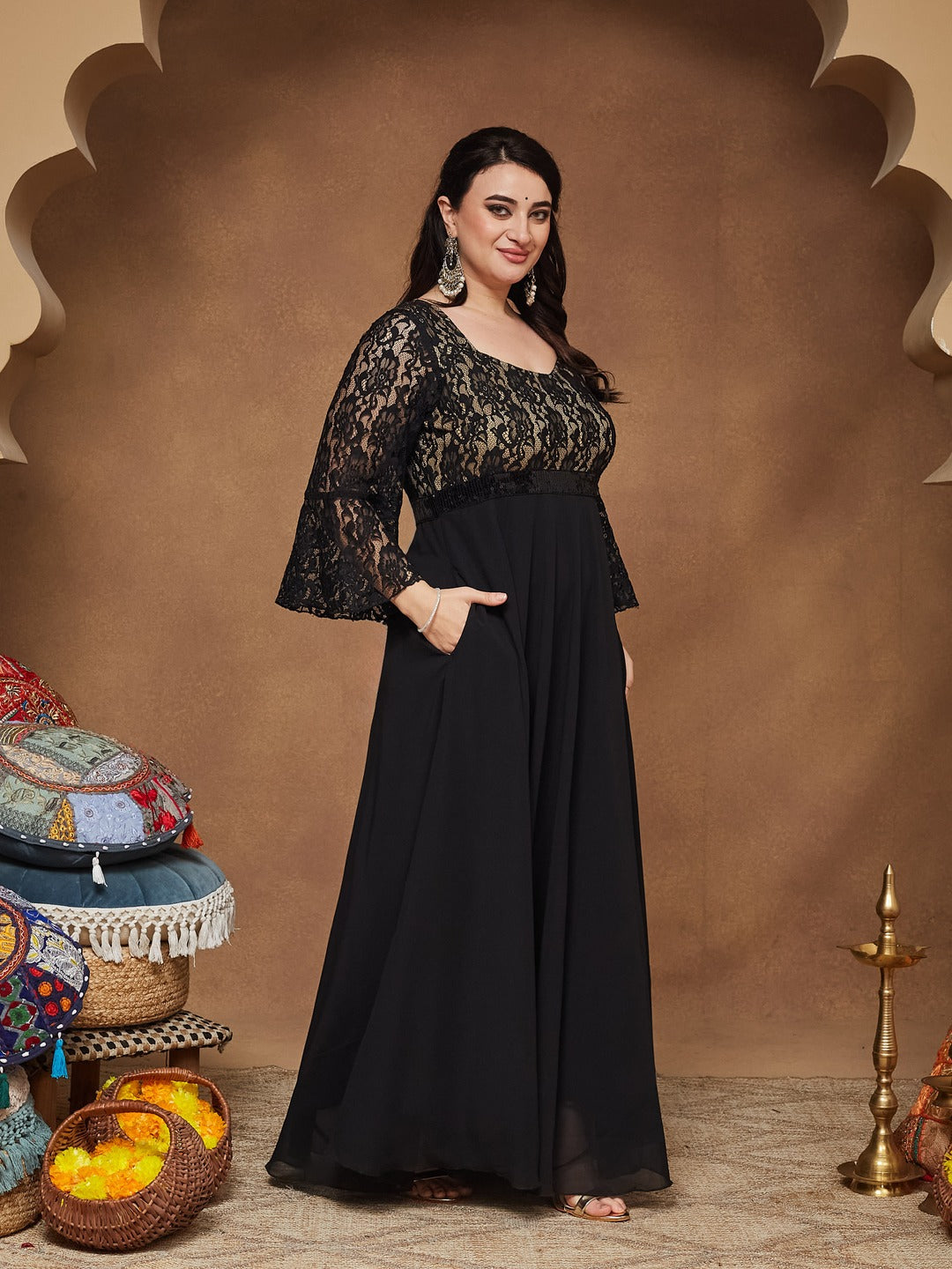 Black Sweetheart-Neck Full Sleeve Floral Lace-Overlaid Georgette Maxi Dress for Women