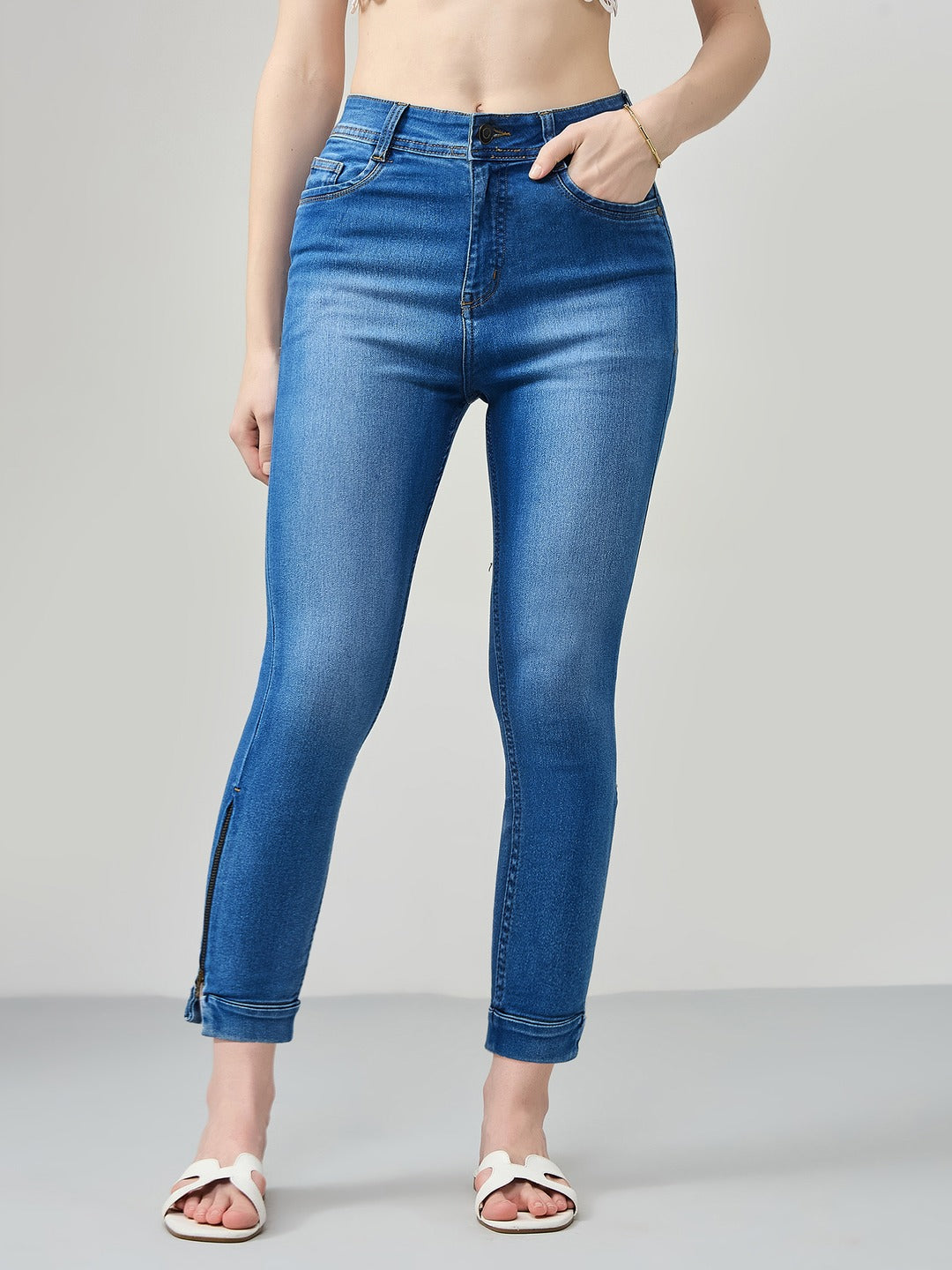 Blue Skinny Fit high-rise Ankle Length Acid Wash Blast Effect Denim Stretchable Jeans for Women