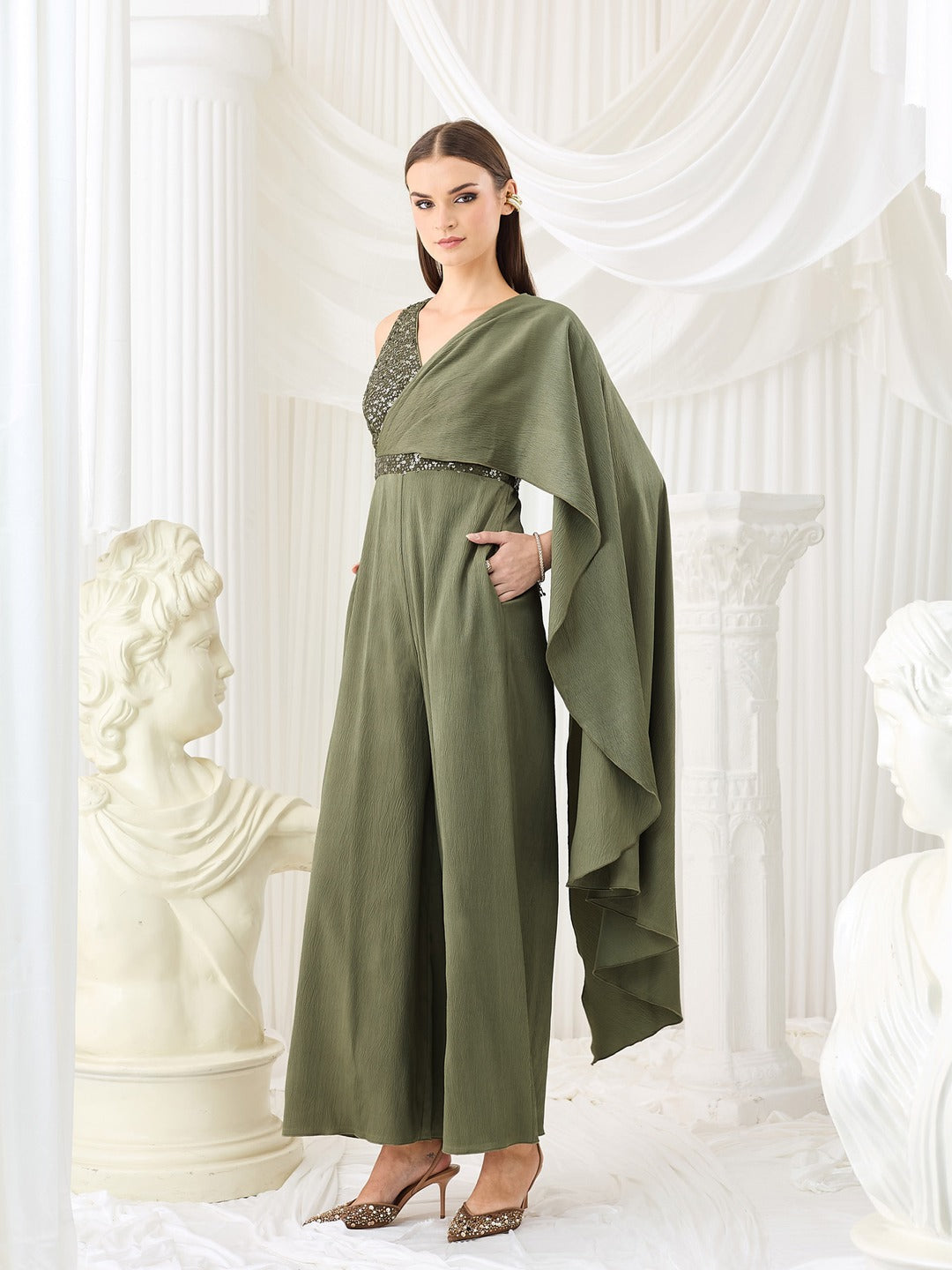 Embellished Satin Jumpsuit in Pale Olive with Draped Pleats for Women