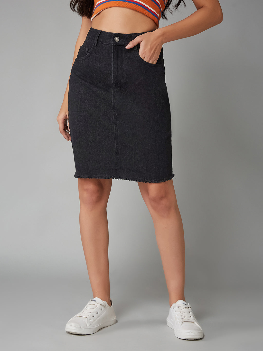 Women's Black Bodycon High-Rise Clean-Look Above Knee Denim Skirt